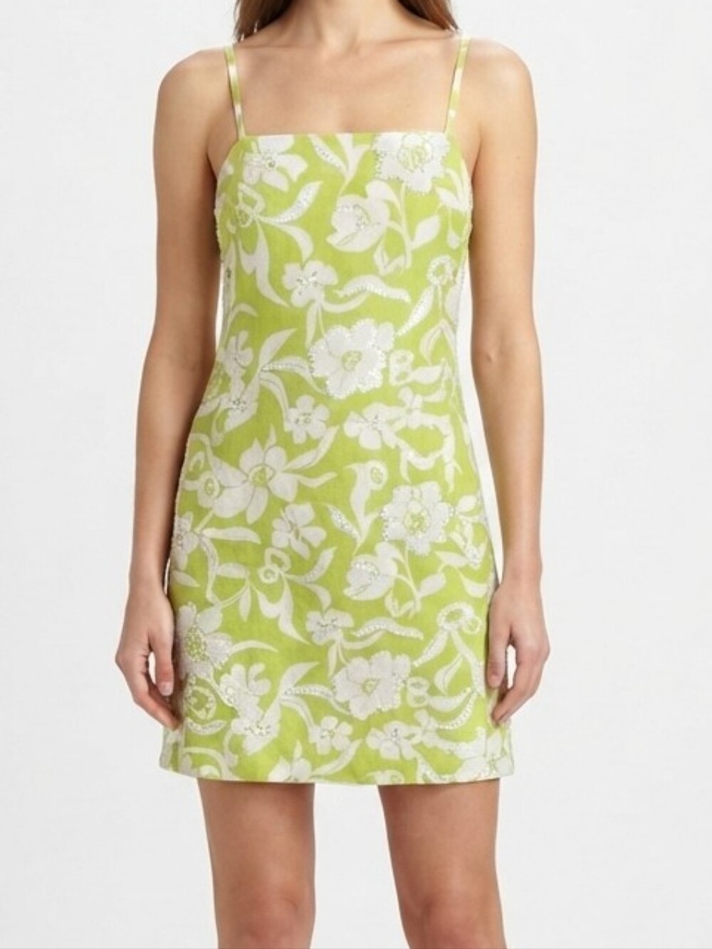 Flora Bea Floral Green Linen & Cotton Dress with Sequins NWT